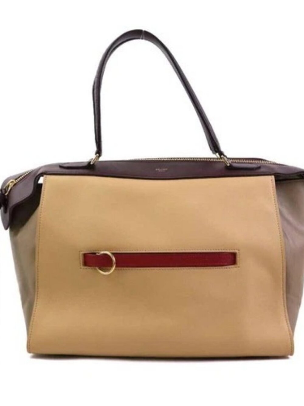 Auth CELINE Small Ring Handbag Beige/Burgundy Leather/Goldtone - h31334g